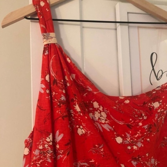 FREE PEOPLE Linen All Mine One Shoulder Red Floral Mini Dress Size Medium NWOT - Picture 8 of 12